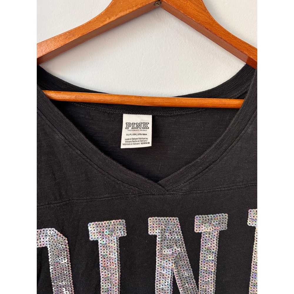 Victoria's Secret PINK Black Sequin V-Neck Jersey Tee 3/4 Sleeve Small - Picture 2 of 6